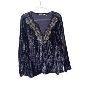 Soft Surroundings Crushed Velvet Beaded Embroidered V-Neck Long Sleeve  L Petite